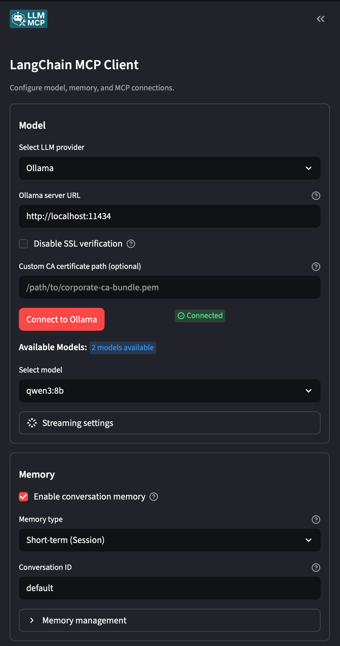 Streamlit client Ollama configuration: local base URL, model selection, and no API key required