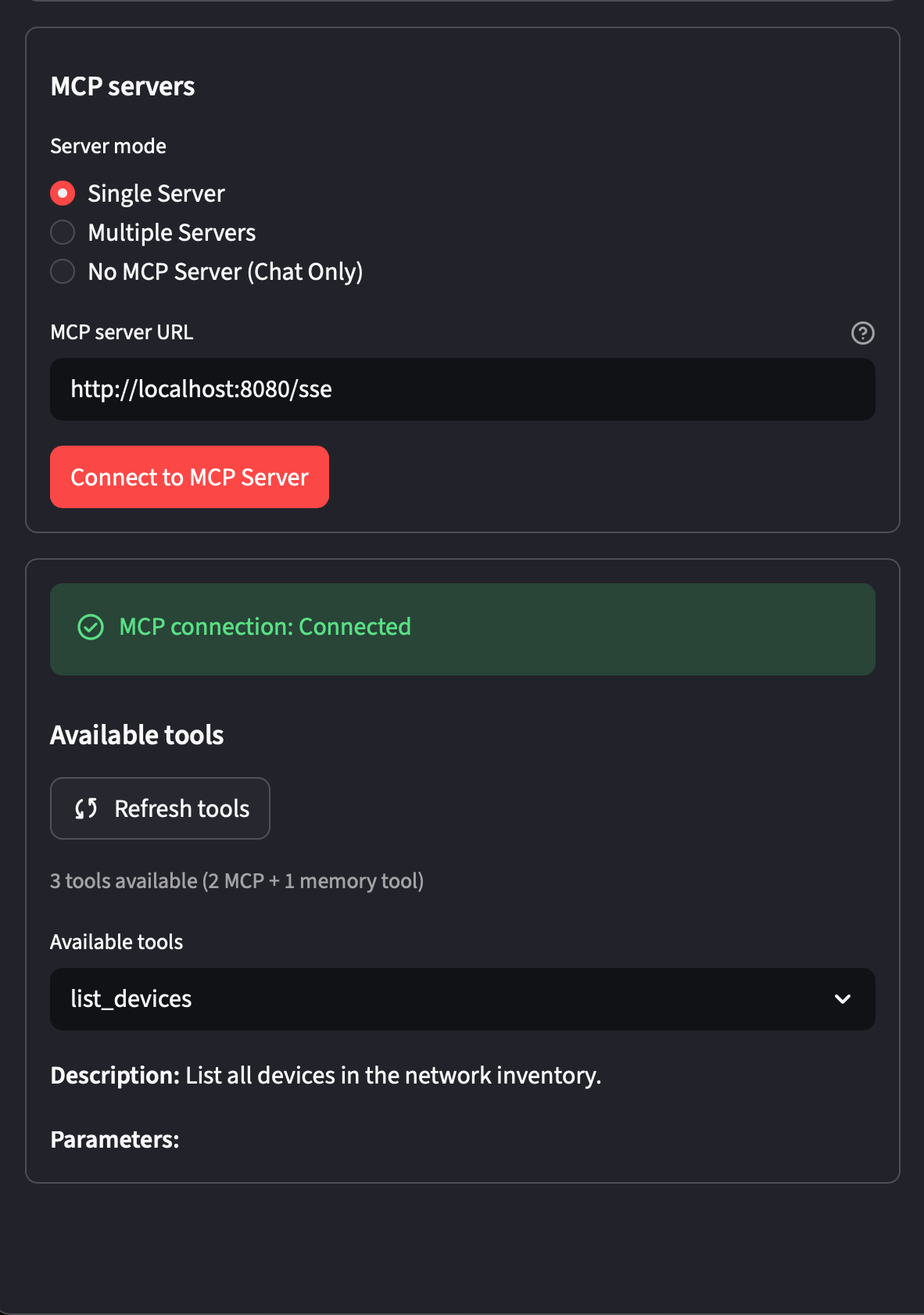 Streamlit client MCP tools configuration, connected to the local MCP server SSE endpoint and showing the discovered tools