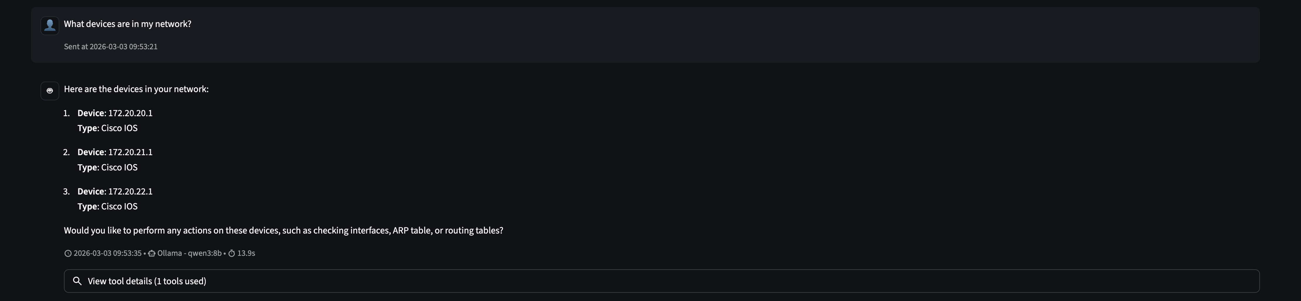 The agent calls list_devices() and returns all three routers