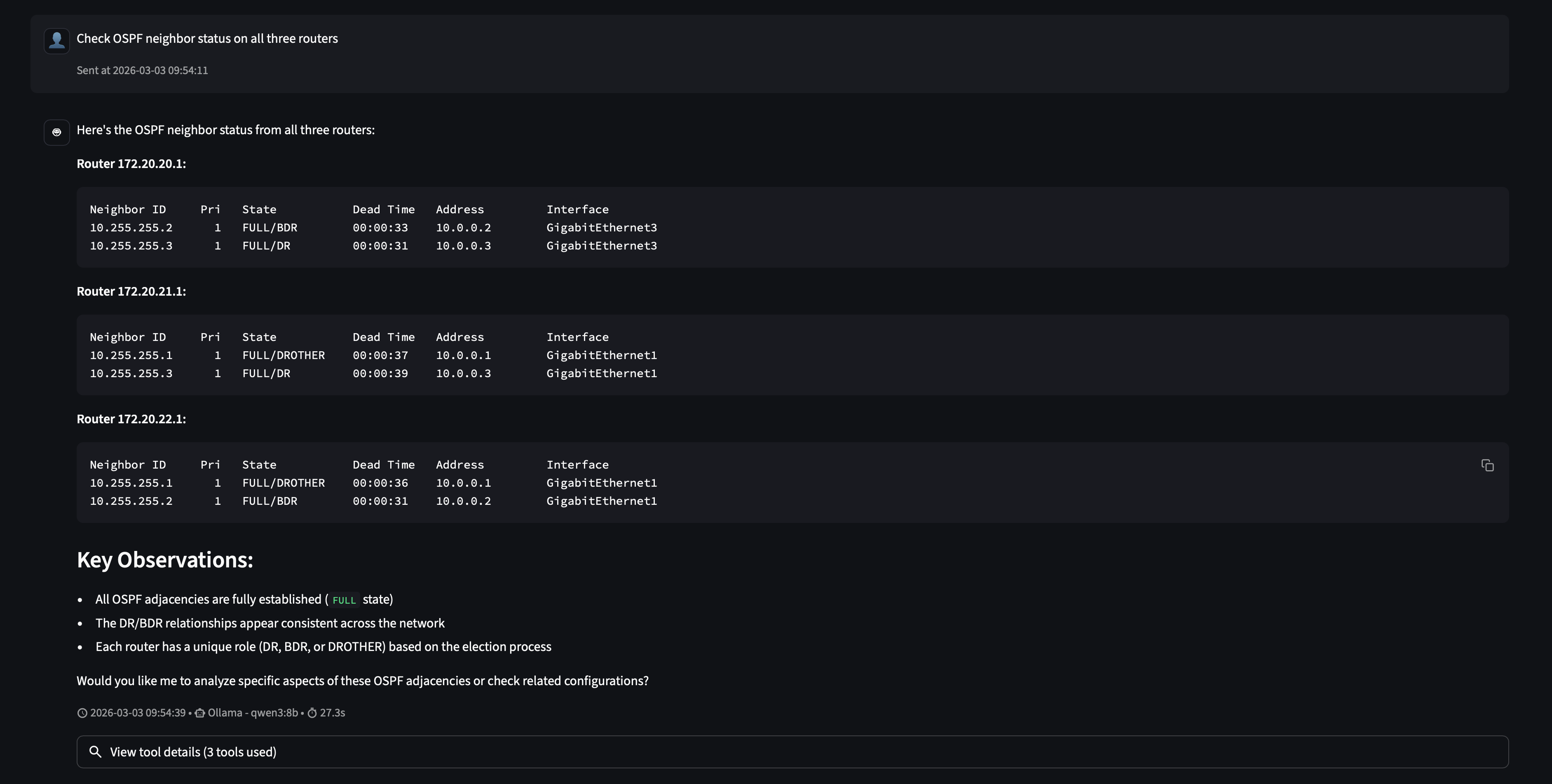 The agent calls run_command three times, once per router, to check OSPF neighbors across the network